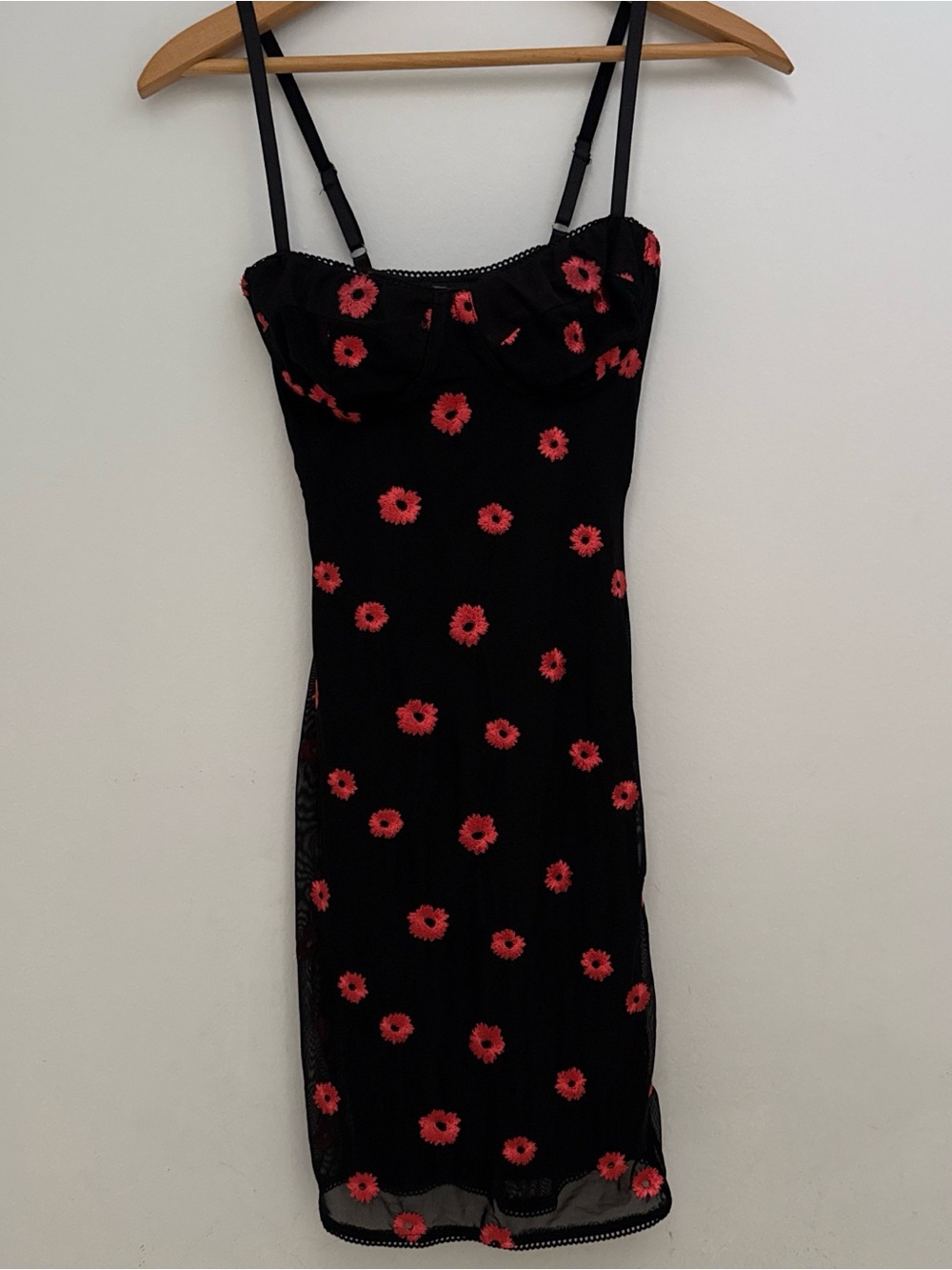 Princess Polly Black Mini Slip Dress with Red Daisy Embroidery Coquette Summer